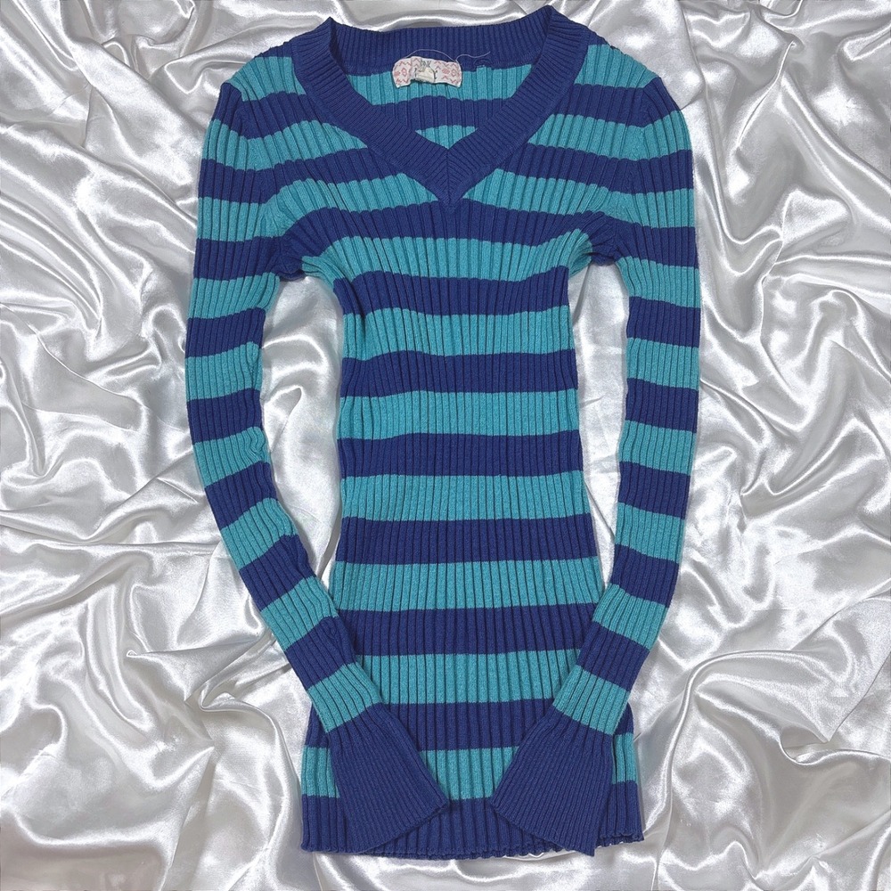y2k Sweater Blue Teal Excellent Striped Ribbed V-Neck Pink Republic Top